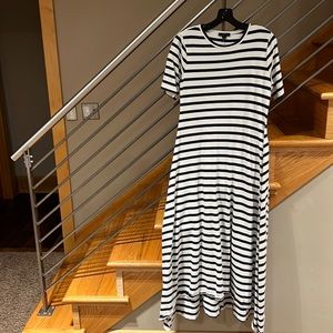 JCrew M high-low hem navy and white striped cotton maxi dress